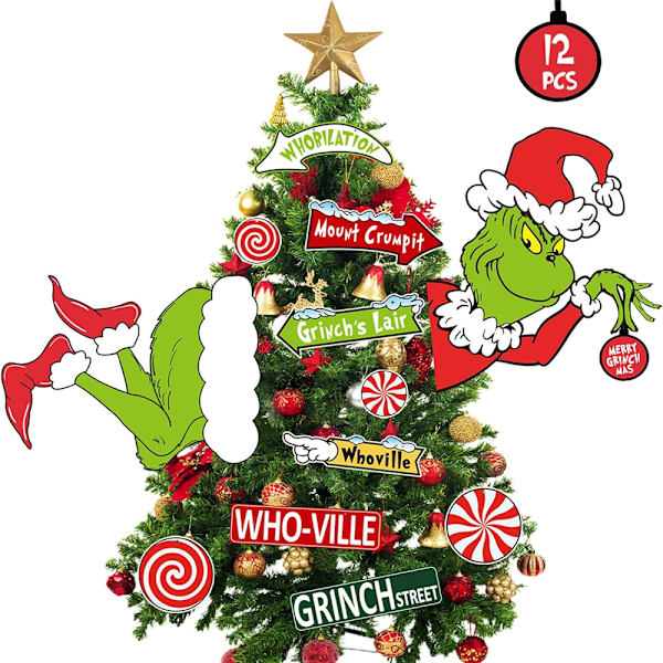 12 kpl Joulun Grinch-koristeita, joulukuusen latvatähti, juhlakoristeet 12PCS