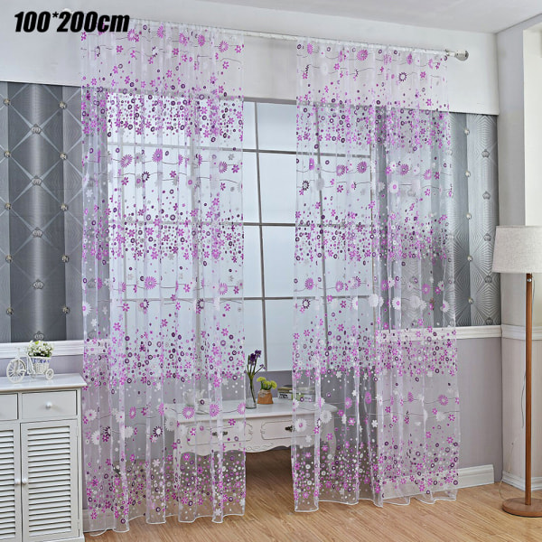 Grommet Voile Floral Gardin Dörr Gardin Purple 100cm*270cm