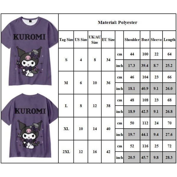 Kuromi T-shirt Bomull Mode Casual T-shirt med rund hals och kort ärm 2XL