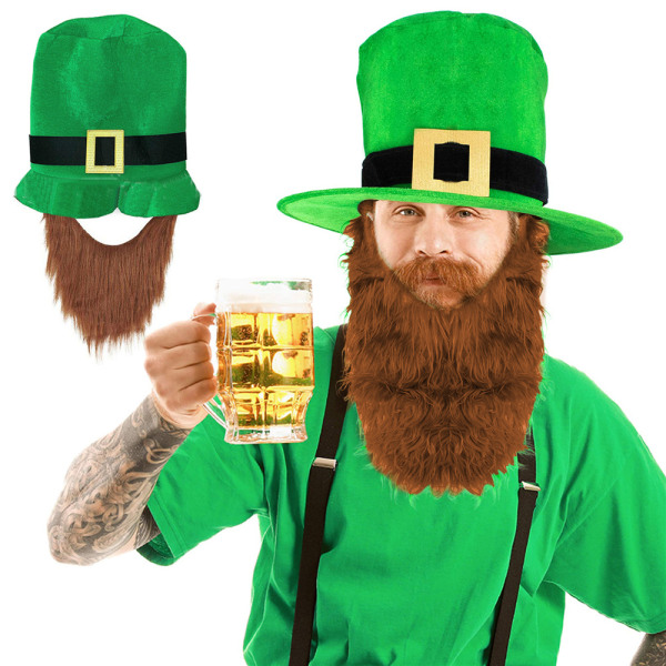 St. Patricks Day topphatt med brunt skägg för män festtillbehör Hat+beard