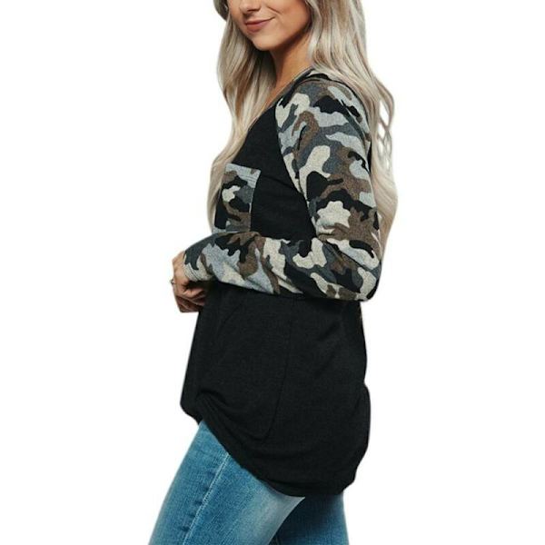 Kvinnor Långärmad Kamouflage Militär T-shirts Höstblus Casual Dark Gray M