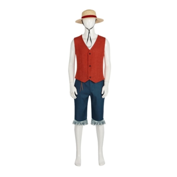 Luffy Kläder rollspelsväst, topp, byxor, hatt för vuxna män 2XL