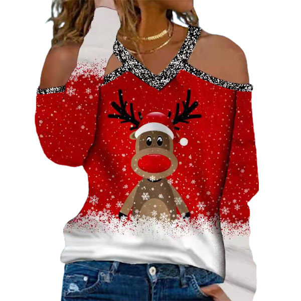 Juletoppe til Kvinder Jul Langærmet Kold Skulder Trøjer Dame Juletræs Print Ferie Bluser Silver XL