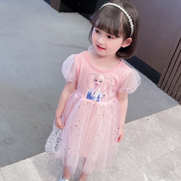 Girl Frozen Elsa Princess Kids Cotton Gaze Födelsedagsfestklänning pink 90cm