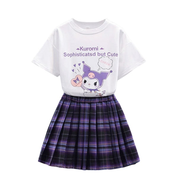 Kuromi Girls' Jk College Style kortärmad topp veckad kjol Sommar T-shirt Kort kjol Set White 140cm