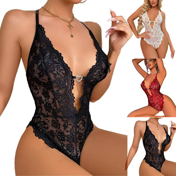Underkläder för Kvinnor Sexig Body Halter Teddy One Piece Babydoll wine red M