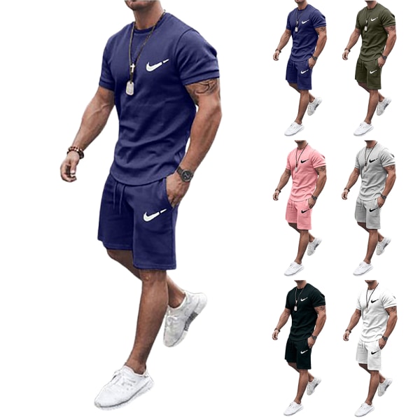 Herr Nikes Gym Fitness Träningsoverall Set Bokstavstryck Sportkläder Sommar Kortärmad T-shirt Topp + Shorts Light Grey 4XL