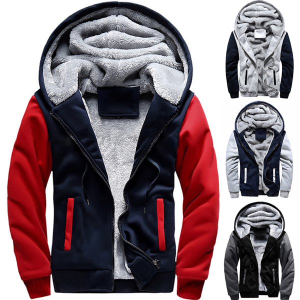 Varm vinterjacka för män med Sherpa-fleece och huva Grey & Blue 5XL