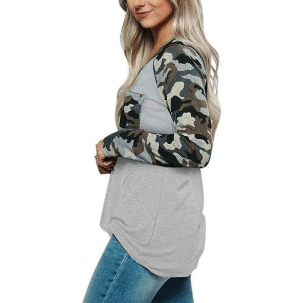 Kvinnor Långärmad kamouflage Army T-Shirts Höstblus Casual Dark Gray S