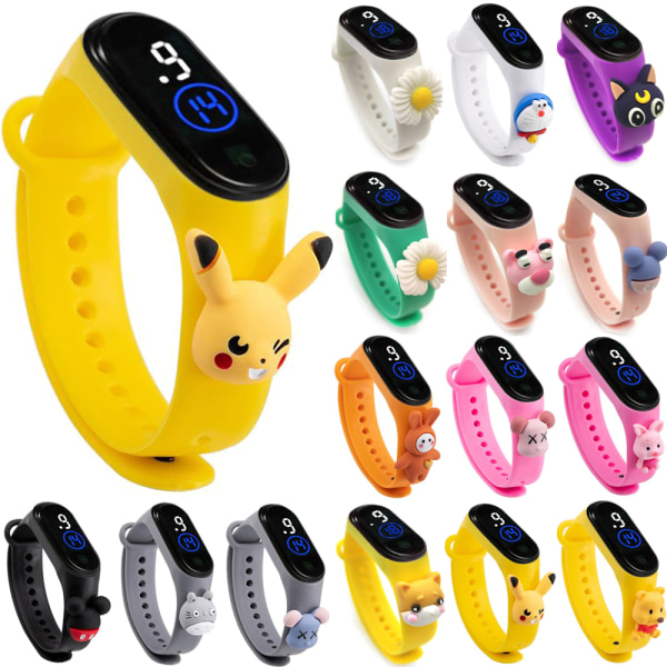 Tjej söt tecknad sport vattentät band LED digital watch Yellow - Pikachu