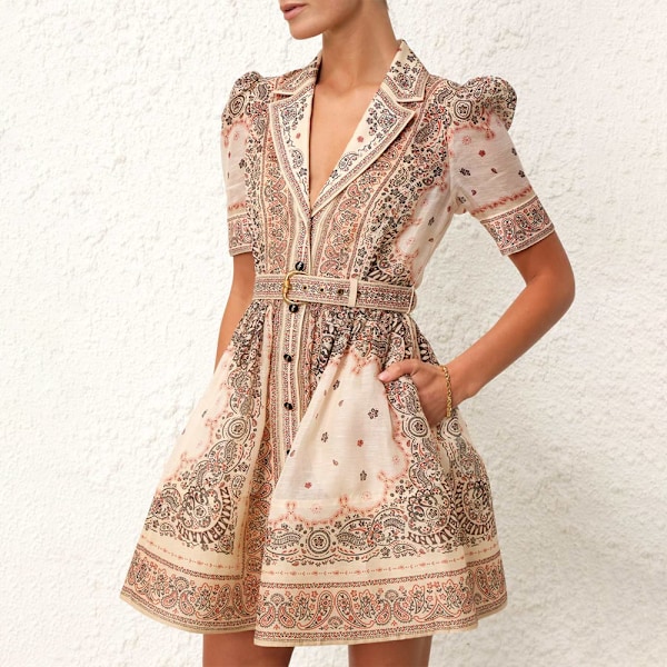 Zim Style Matchmaker Knaplukket Bælte Mini Skjortekjole med Print Damekjole Khaki XL