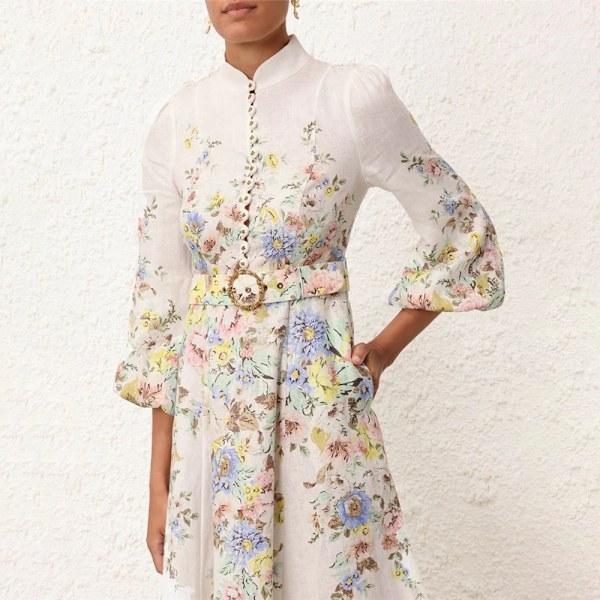 Zim Style Matchmaker klänning i linne med blommigt tryck och bälte, midi damklänning 2XL