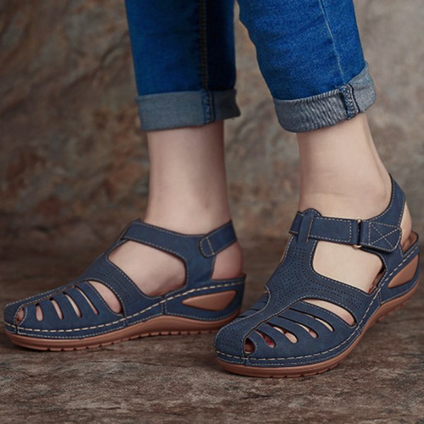 Kvinna sommar läder vintage sandaler retro skor Blue 39