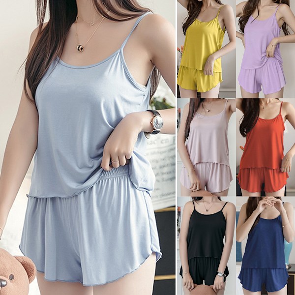 Naisten 2 kpl setti hihaton shortsit yöasut Red M