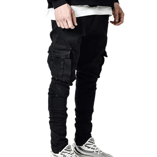 Mäns Enfärgade Slim Fit Jeans Jeansoveraller Black 2XL