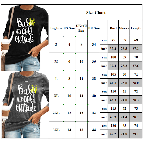Kvinder Langærmet Jule Letter Print T-shirt Rund Hals Jul Grey S