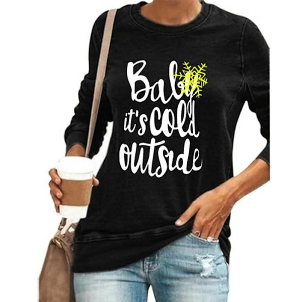 Kvinder Langærmet Jule Letter Print T-shirt Rund Hals Jul Wine Red L