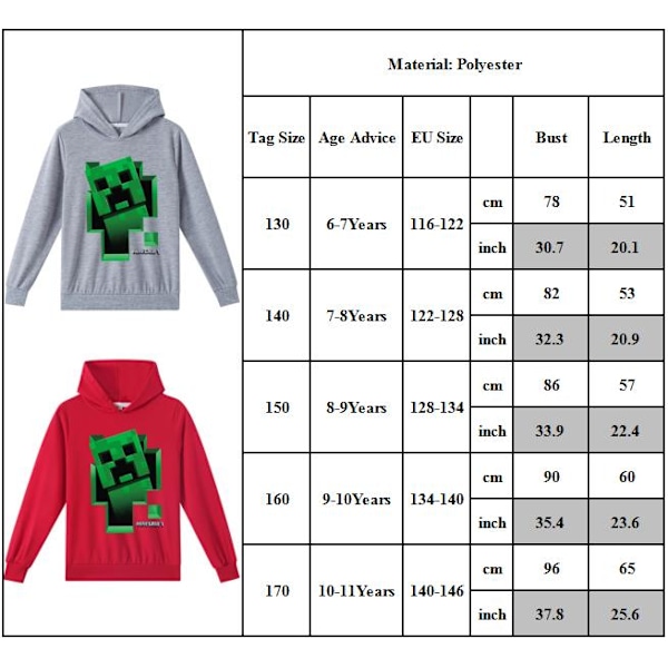 Børne Minecraft Creeper Print Hættetrøje Sweatshirt Jumper Top red 170cm