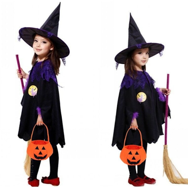 Häxkostym för flickor Cosplay-kostymset Flickor Halloween Carnival Party Häxkappa Klä ut sig（Kappa+hatt+pumpaväska+kvast） Cloak+Hat+Pumpkin Bag+Broom 130cm