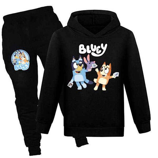 Barn Pojkar Flickor Bluey Print Casual Hoodie Träningsset Hoody Topp Byxor Kostym 7-14år Black 130cm
