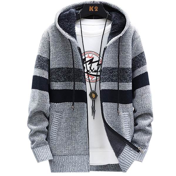 Randig herrjacka med huva, stickad kofta med dragkedja fram Light grey 2XL