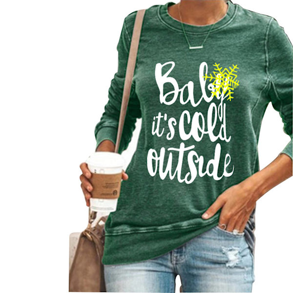 Kvinder Langærmet Jule Letter Print T-shirt Rund Hals Jul Green 2XL