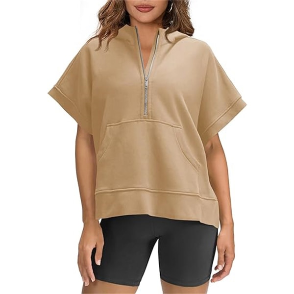 Kvinnors halv dragkedja huvtröja kortärmad pullover topp sommar oversized sporttröja med fickor 2024 Khaki 2XL
