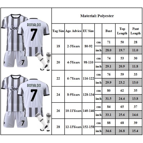 22-23 Nya Juventus Hemmatröjor Set No. 7 RONRLDO Fotbollströja Barn Jersey Kits Fotbollskläder för Barnens Fotbollströja 20