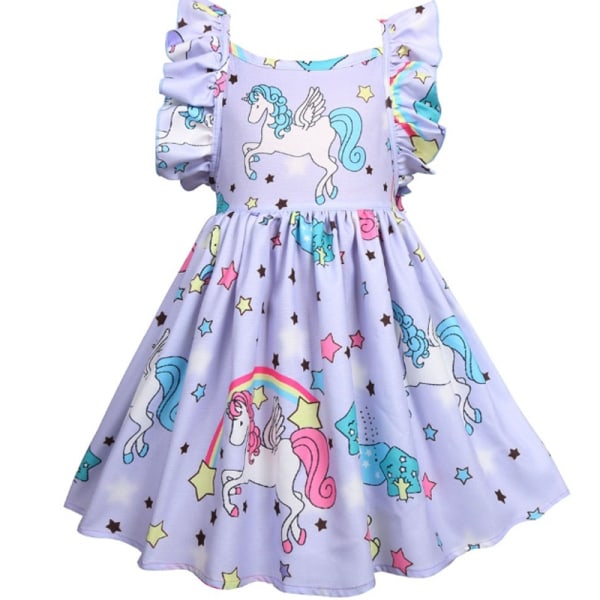 Färgglada Unicorn Printing Princess Klänning Sleeve Sweet lightgreen 3-4Years