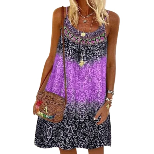 Kvinnor ärmlös sommar strandsolklänning Casual Holiday miniklänning purple M
