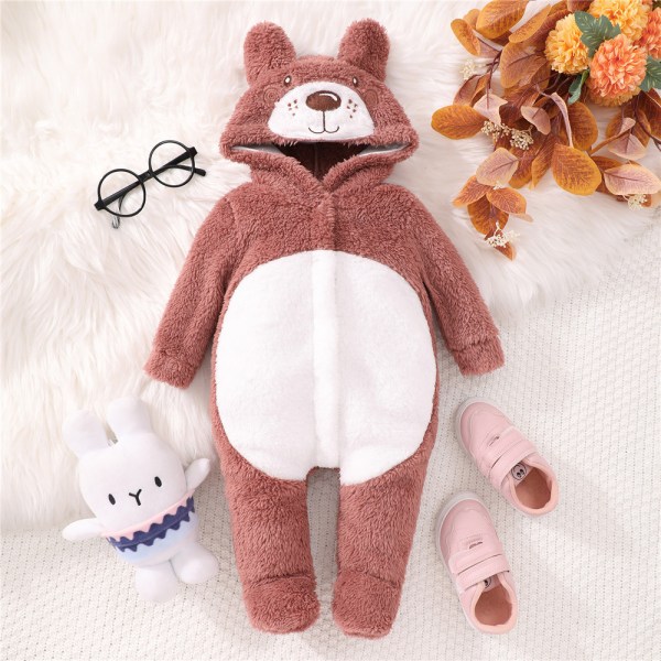 Djur Plysch Pojke Flicka Bodysuit Nyfödd Jumpsuit med Huva Julklapp light brown 6-9M