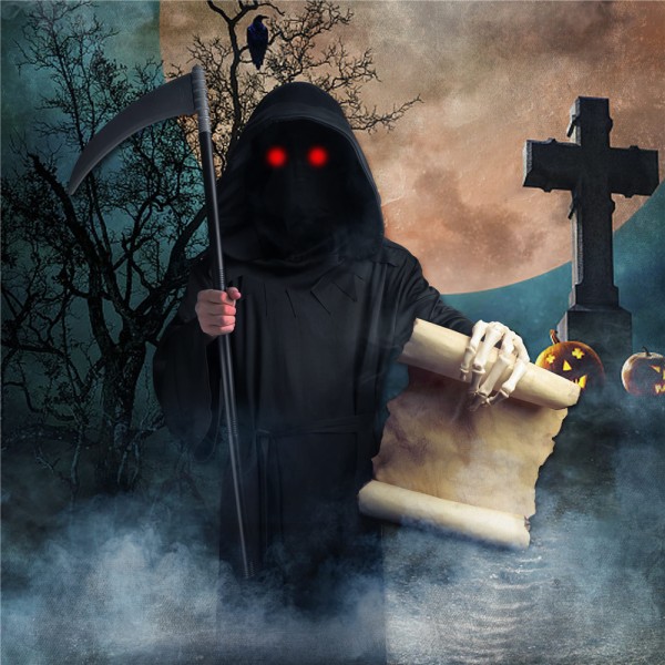 Grim Reaper Barn Cosplay Kostym med Lysande Röda Ögon Halloween M