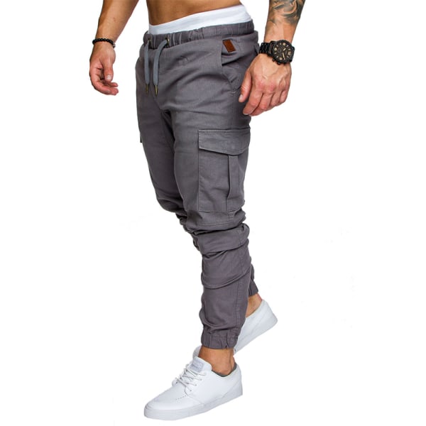 Män Elastisk midja Cargo Combat Byxor Jogger Cuffed byxor grey 2XL