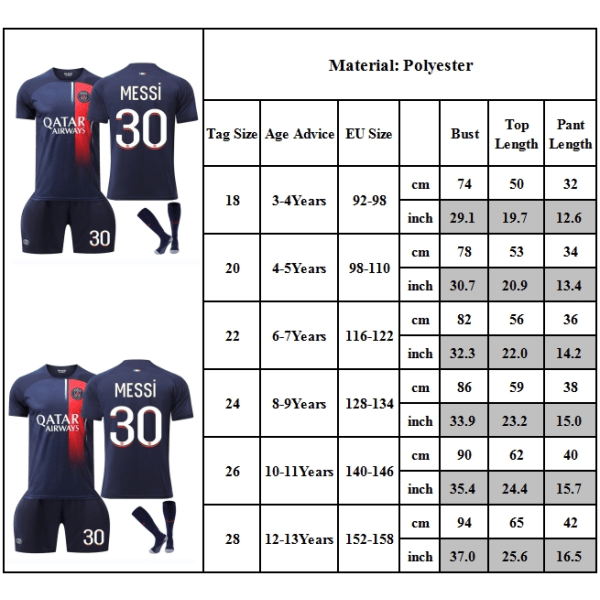 Fotbollströja Barn Messi 30 Tröja 2023 2024 Paris Hemma Fotboll T-shirts Tröja Kostym Tröja+Shorts+Strumpor 22