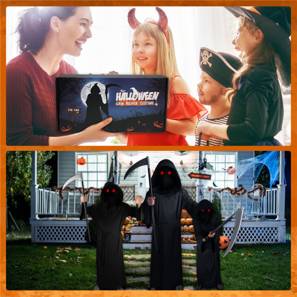 Grim Reaper Barn Cosplay Kostym med Lysande Röda Ögon Halloween S
