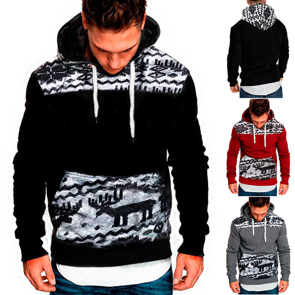 Christmas Man Hood Pullover Coat Sportswear Winter Outdoor black 2XL