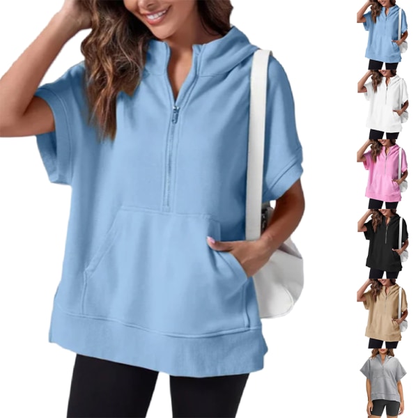 Kvinnors halv dragkedja huvtröja kortärmad pullover topp sommar oversized sporttröja med fickor 2024 Sky Blue XL