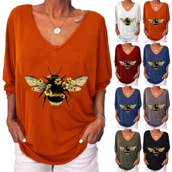 Kvinnor Bee-tryckt T-shirt Dam Baggy Pullover Blus Black 5XL 