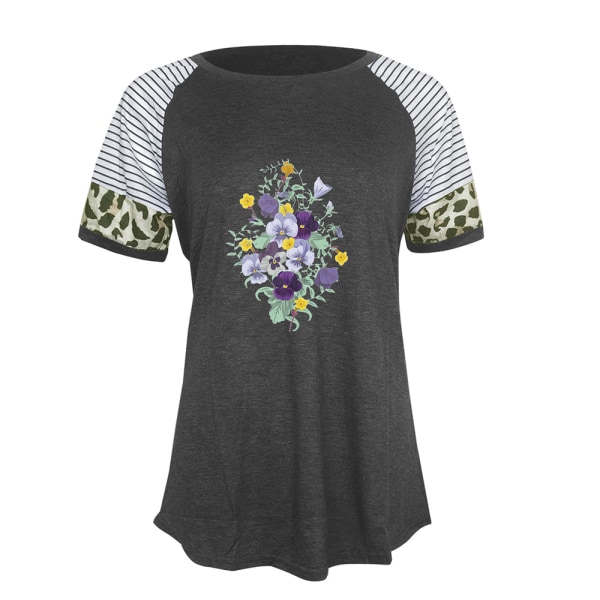 Dam Sommar Blommig T-shirt Toppar Leopard Casual Blus Tee Coffee M