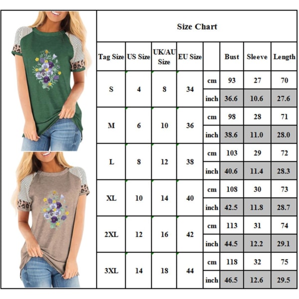 Dam Sommar Blommig T-shirt Toppar Leopard Casual Blus Tee Light Grey 2XL