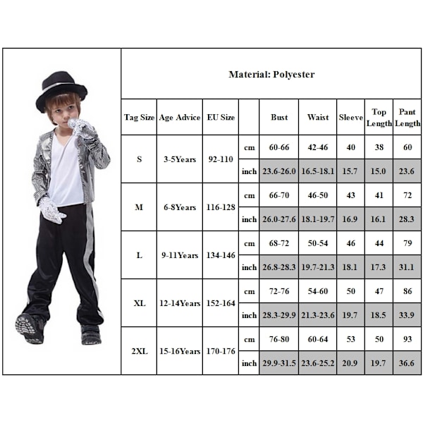 Michael Jackson Kid Cosplay Dräkt Pojke Performance Outfit Fest Klänning M