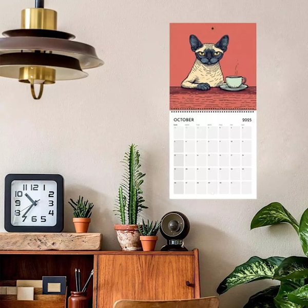 2025 Kattkalender - Katter Chillar med Kaffe, 12 Månatliga Kaffe-Katt Väggkalender