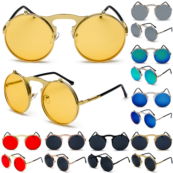 Vintage Flip Up Solglasögon Herr Cirkel Runda Glasögon Rose Gold Frame Black Lenses 1 Pack