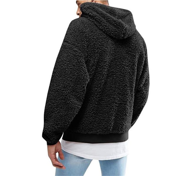 Herr Fluffig Huvtröja Teddy Fleece Hoodie Plysch Lätt Pullover Viscos Tröja Sweatshirt med Två Fickor Black XL