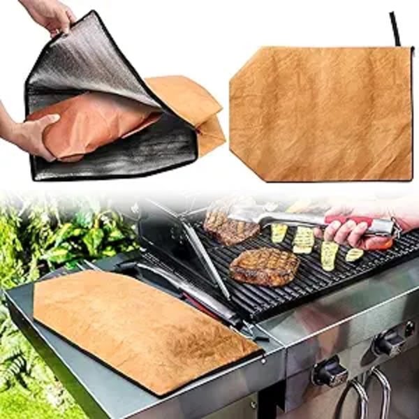 Grillauspeitto, käytetään lihan lepuuttamiseen, uudelleenkäytettävä lihan eristetty lepopussi vetoketjulla, sopii ulkogrillaukseen