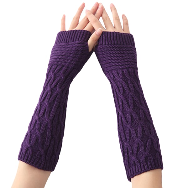 Vinter Långstickade handskar Tjocka varma fingerfria vantar Arm Purple