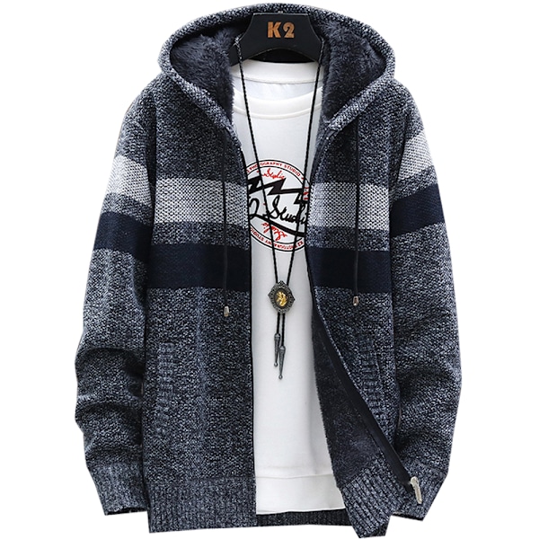 Randig herrjacka med huva, stickad kofta med dragkedja fram Dark gray XL
