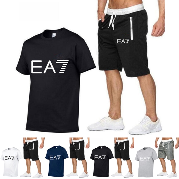 Sommarträningsdräkt för män 2 delar, EA7 kortärmade T-shirts Shorts Sportkläder A L
