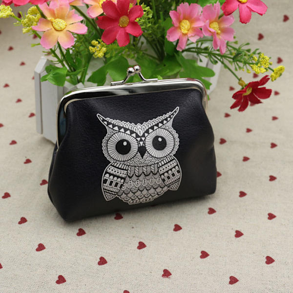 Trykt Myntpung Vintage Veske Spenne Clutch Lommebøker Svart uggla 12x10cm