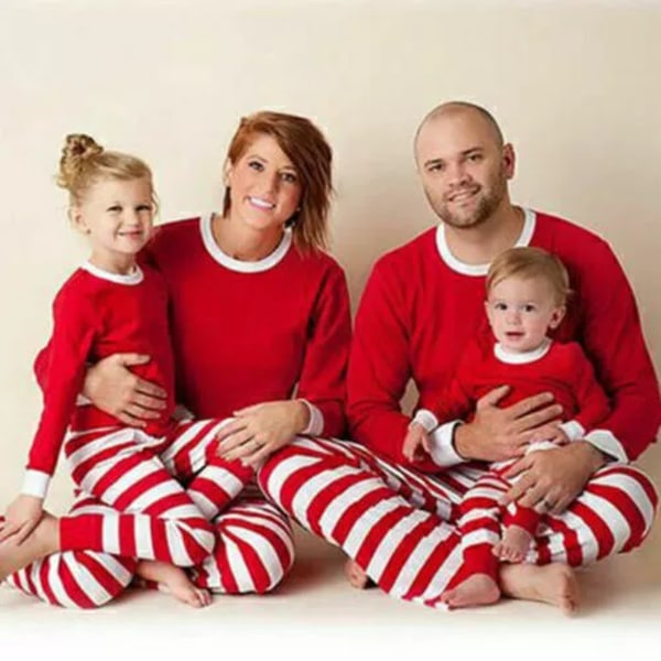 Julepyjamas til hele familien, matchende stribede pyjamassæt, jule-nattøj til par, unge og børn Men M